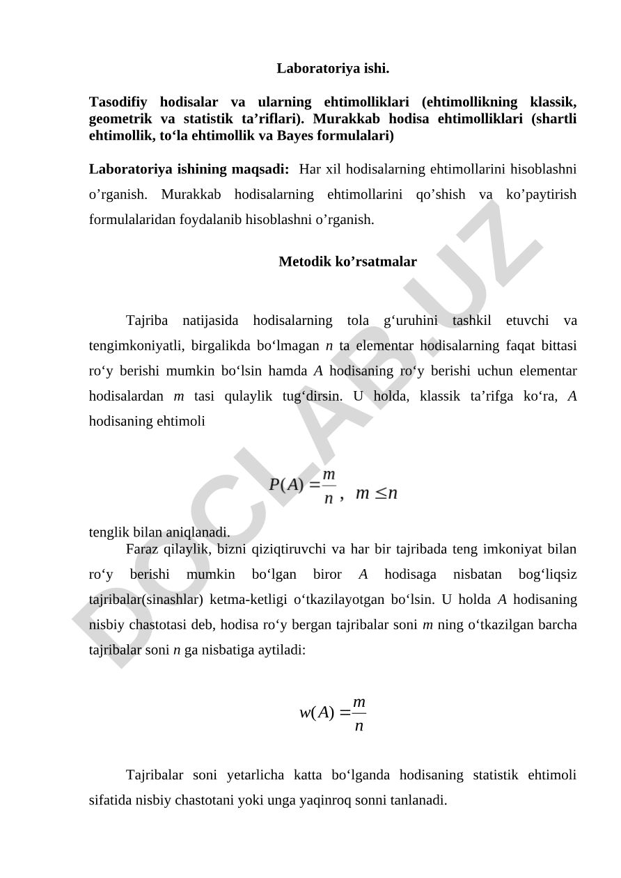 Tasodifiy hodisalar va ularning ehtimolliklari