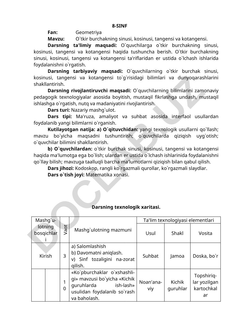O`tkir burchakning sinusi, kosinusi, tangensi va kotangensi