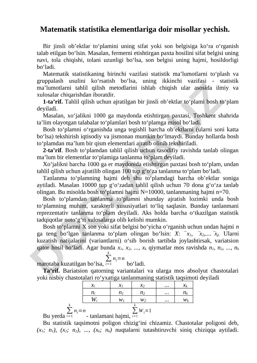 Matematik statistika elementlari va misollar yechish