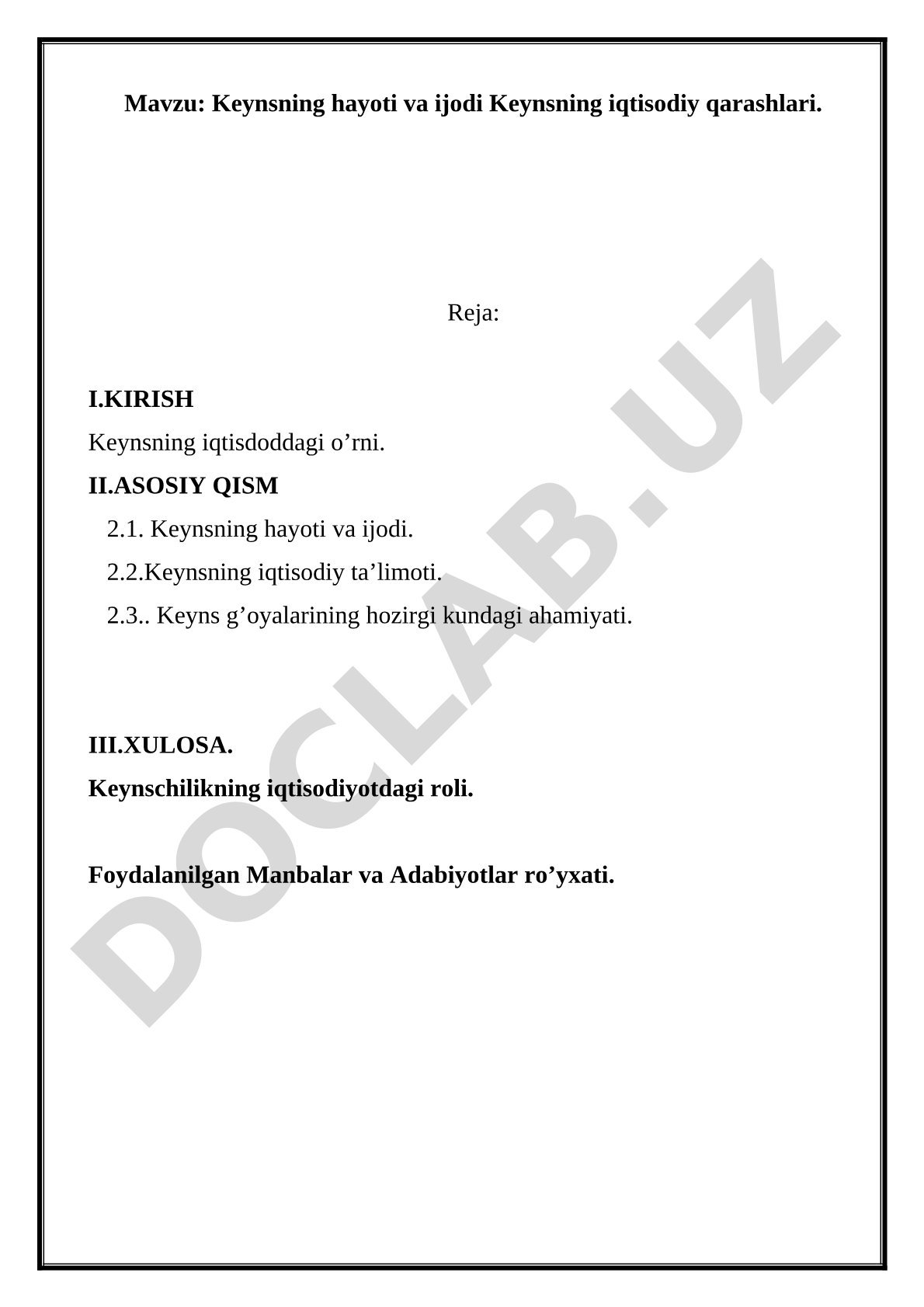 Keyns iqtisodiyoti kurs ishi