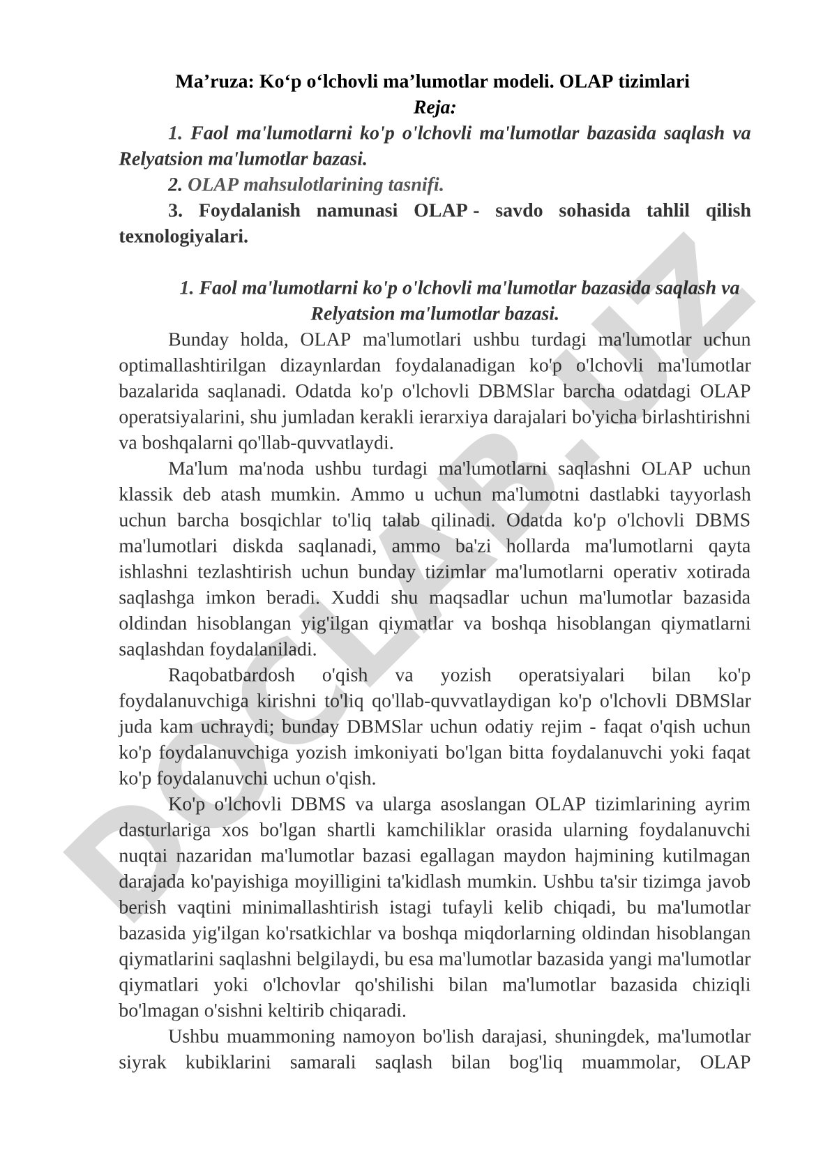 Ma'ruza matni OLAP tizimlari
