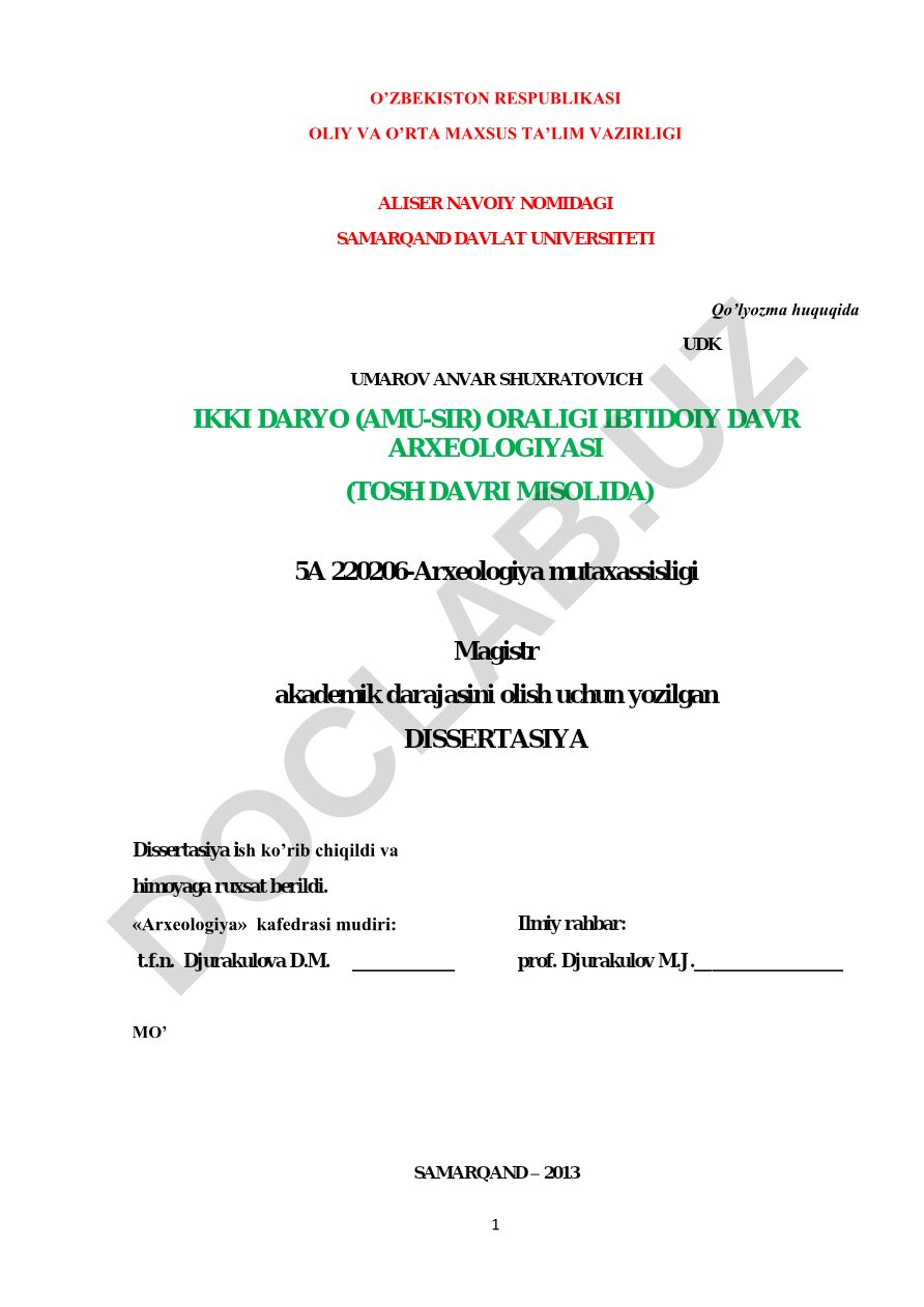 Ikki Daryo (Amu-Sir) oraligi ibtidoiy davr arxeologiyasi (tosh davri misolida)
