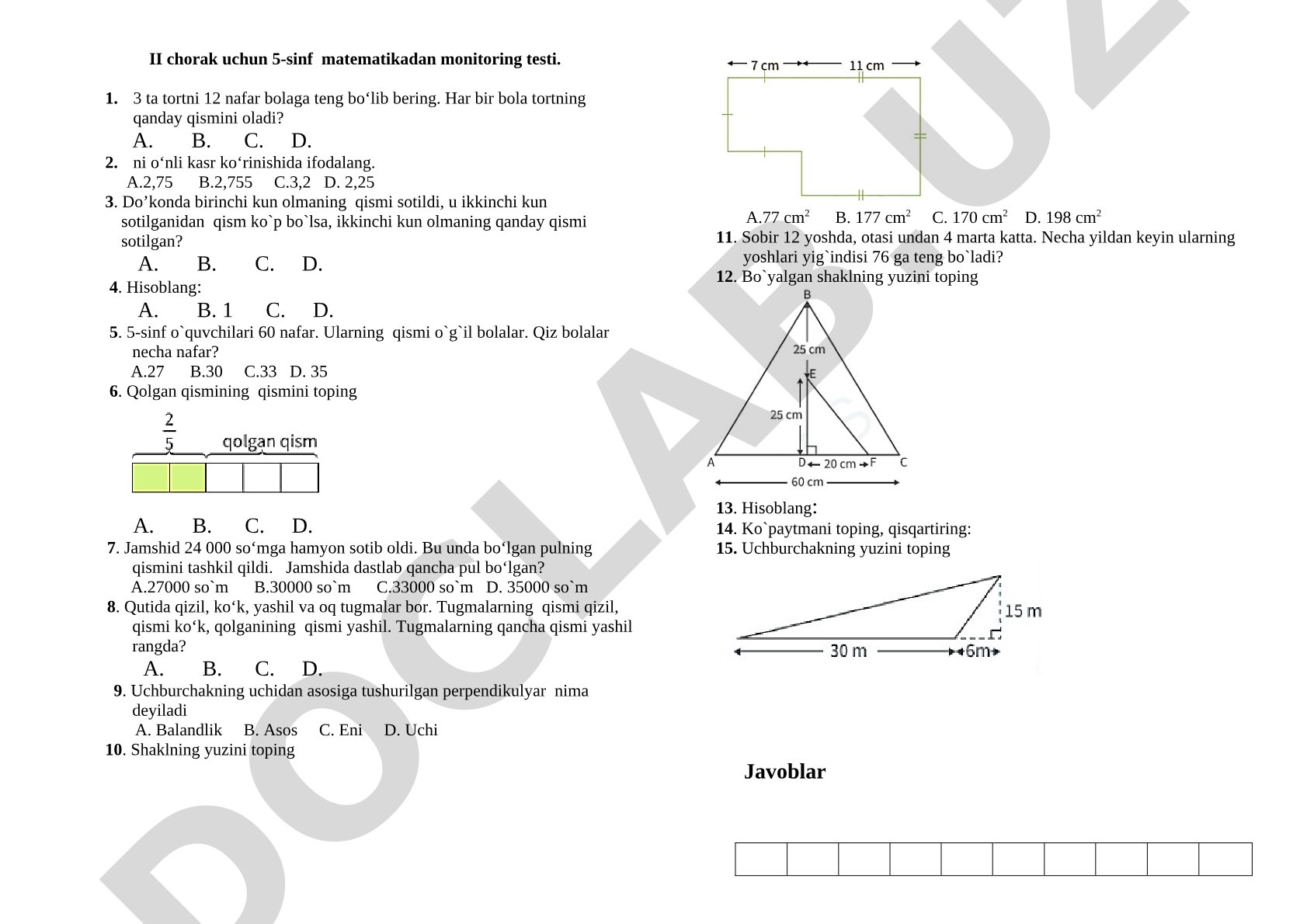 5-sinf matematika test hujjati