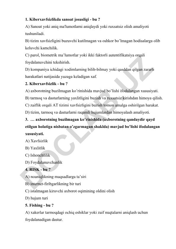 Kiberxavfsizlik test savollari va tushunchalari