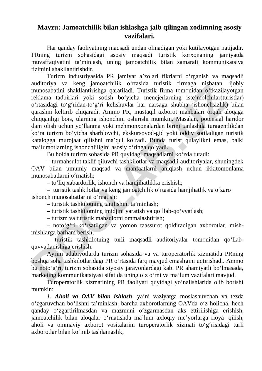 Jamoatchilik bilan ishlashga jalb qilingan xodimning asosiy vazifalari
