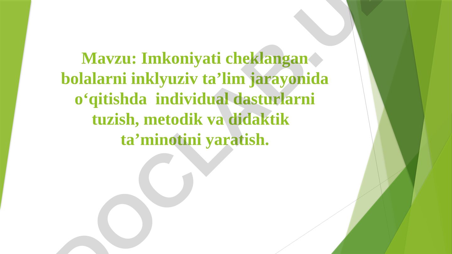 Imkoniyati cheklangan bolalarni inklyuziv ta’lim jarayonida o‘qitishda individual dasturlarni tuzish, metodik va didaktik ta’minotini yaratish