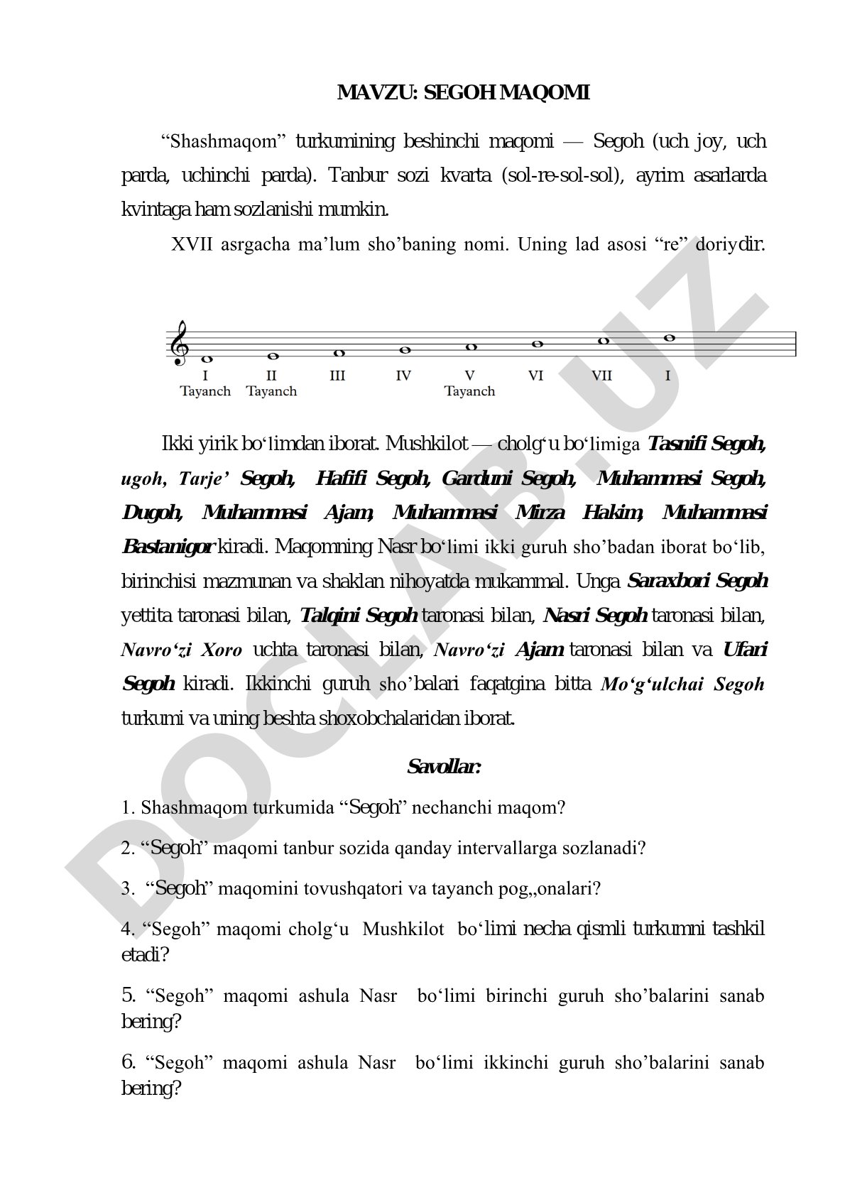 Segoh maqomi “Shashmaqom” turkumining beshinchi maqomi