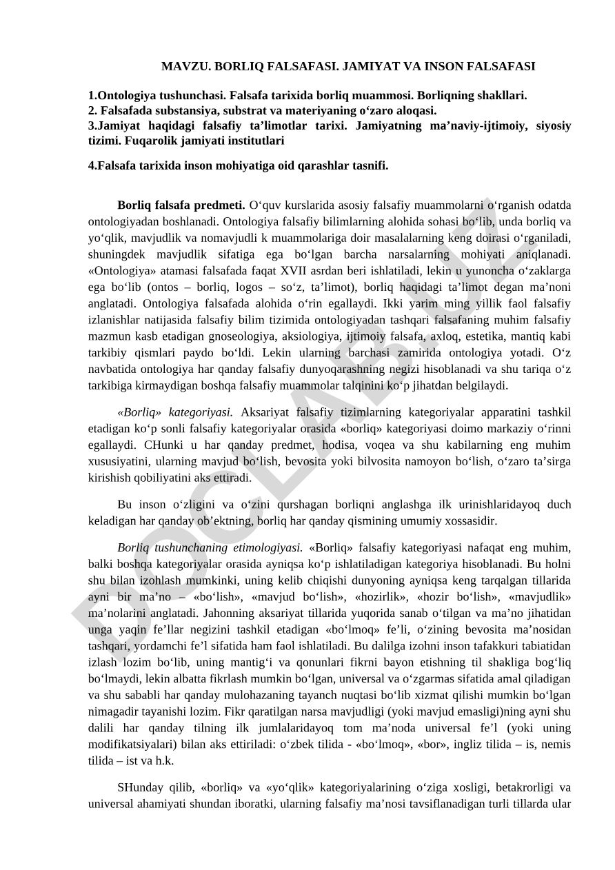 BORLIQ FALSAFASI. JAMIYAT VA INSON FALSAFASI