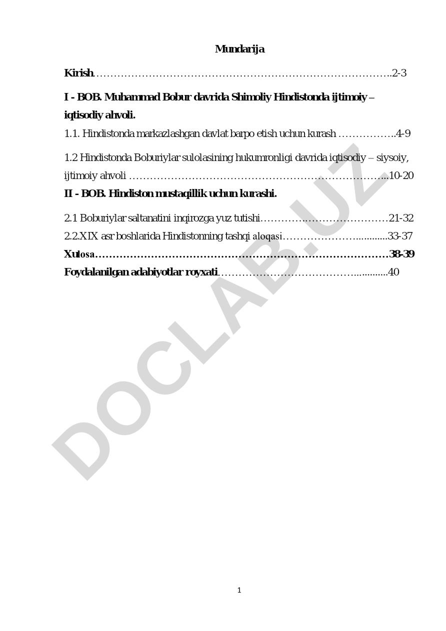 Muhammad Bobur davrida Shimoliy Hindistonda ijtimoiy-iqtisodiy ahvol va mustaqillik kurashi