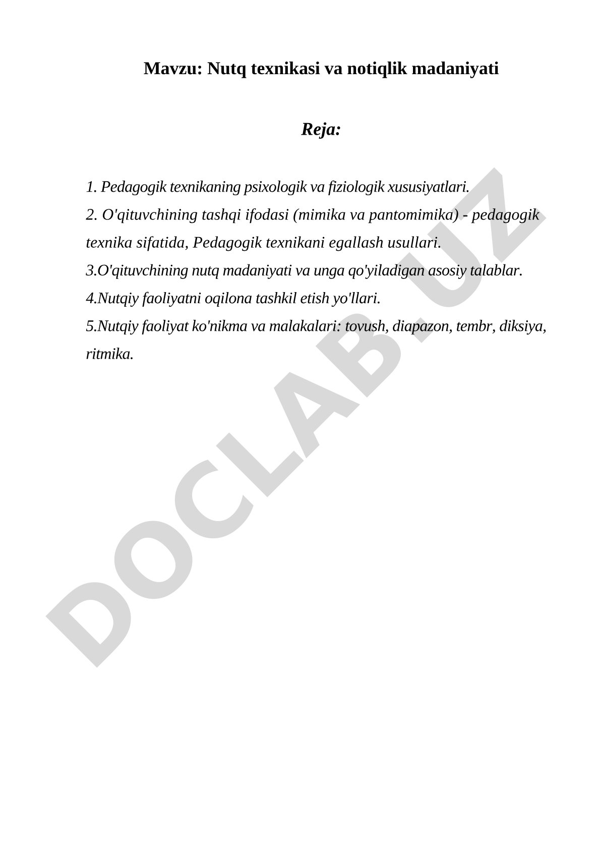 Nutq texnikasi va notiqlik madaniyati rejasi