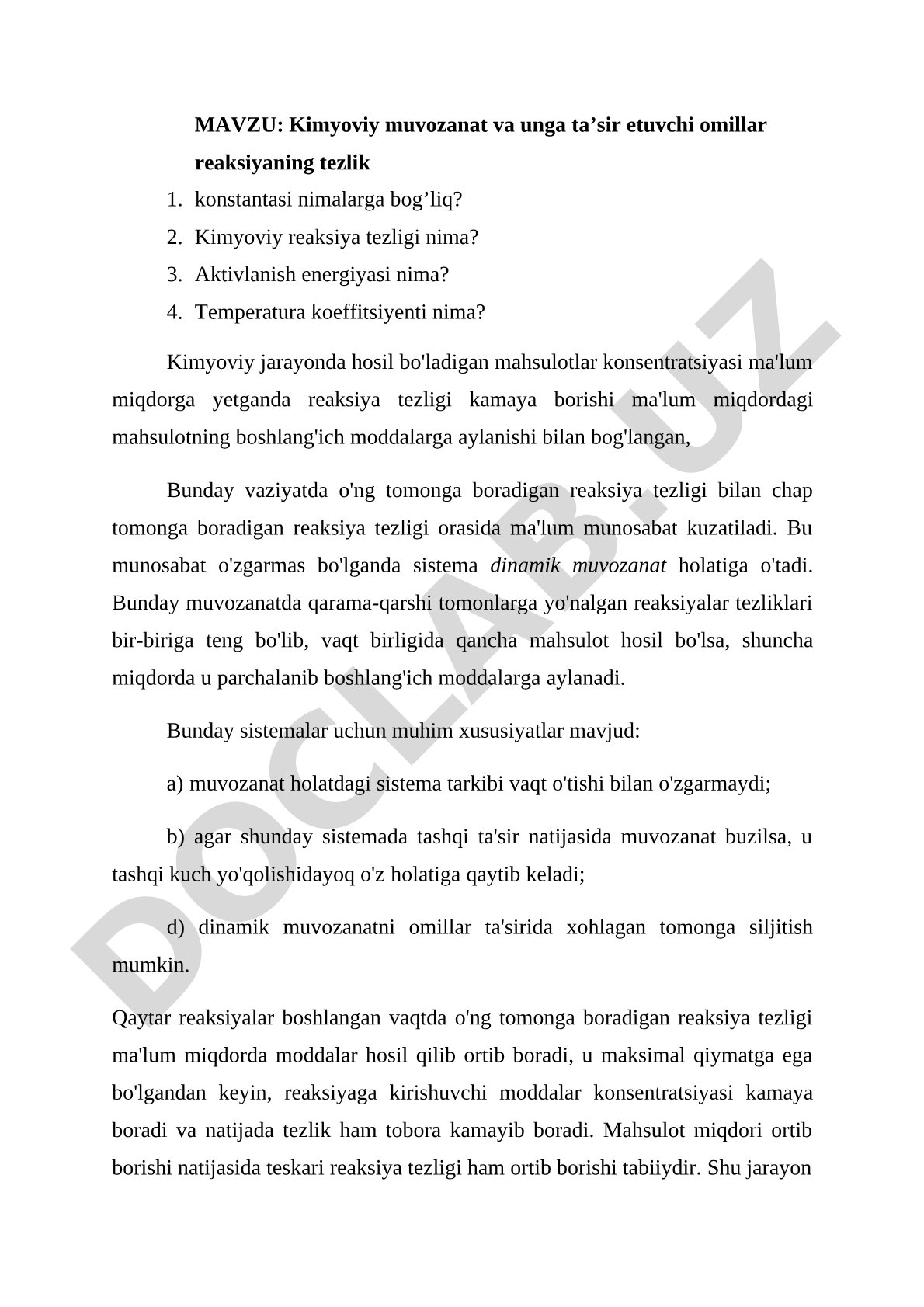 Kimyoviy muvozanat kurs ishi