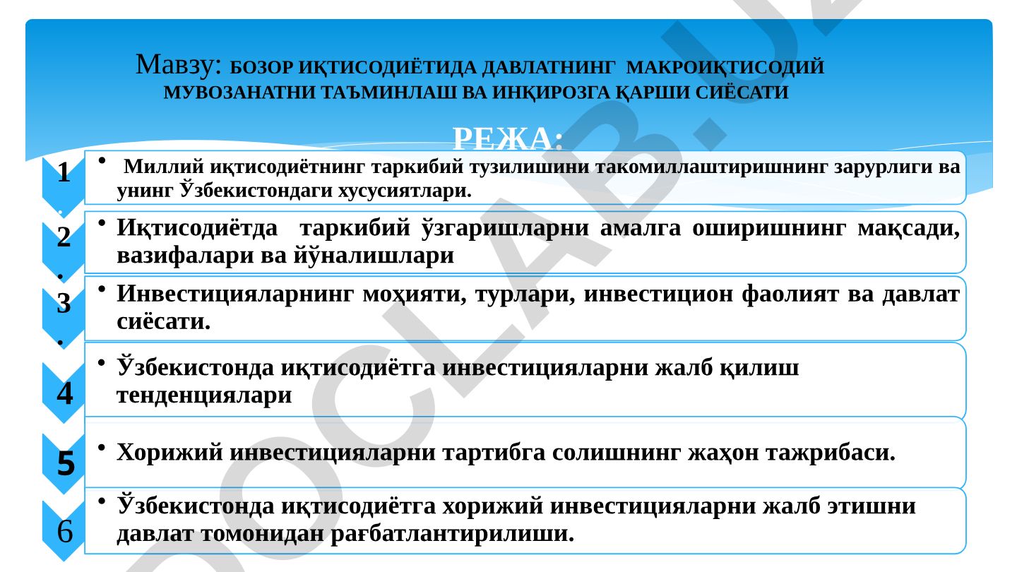 БОЗОР ИҚТИСОДИЁТИДА ДАВЛАТНИНГ МАКРОИҚТИСОДИЙ МУВОЗАНАТНИ ТАЪМИНЛАШ ВА ИНҚИРОЗГА ҚАРШИ СИЁСАТИ
