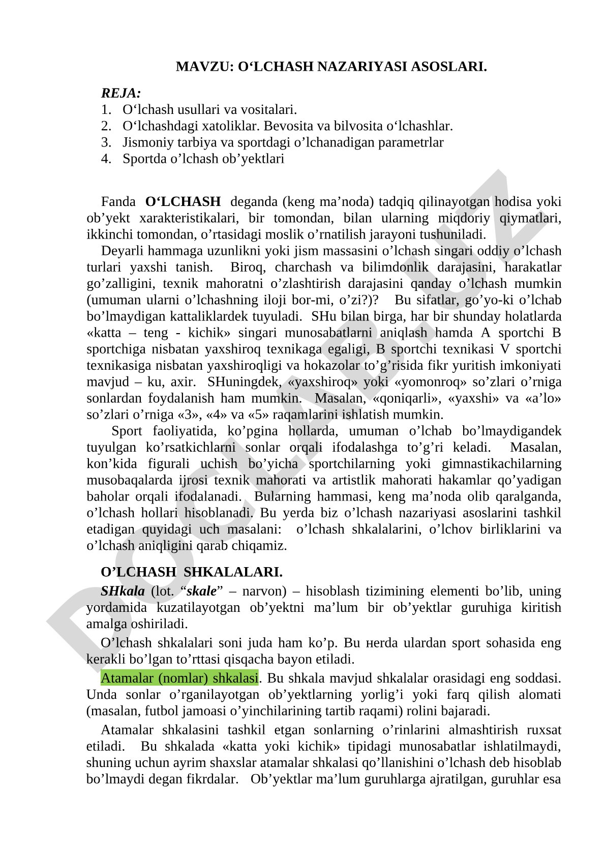 O‘lchash nazariyasi asoslari rejasi