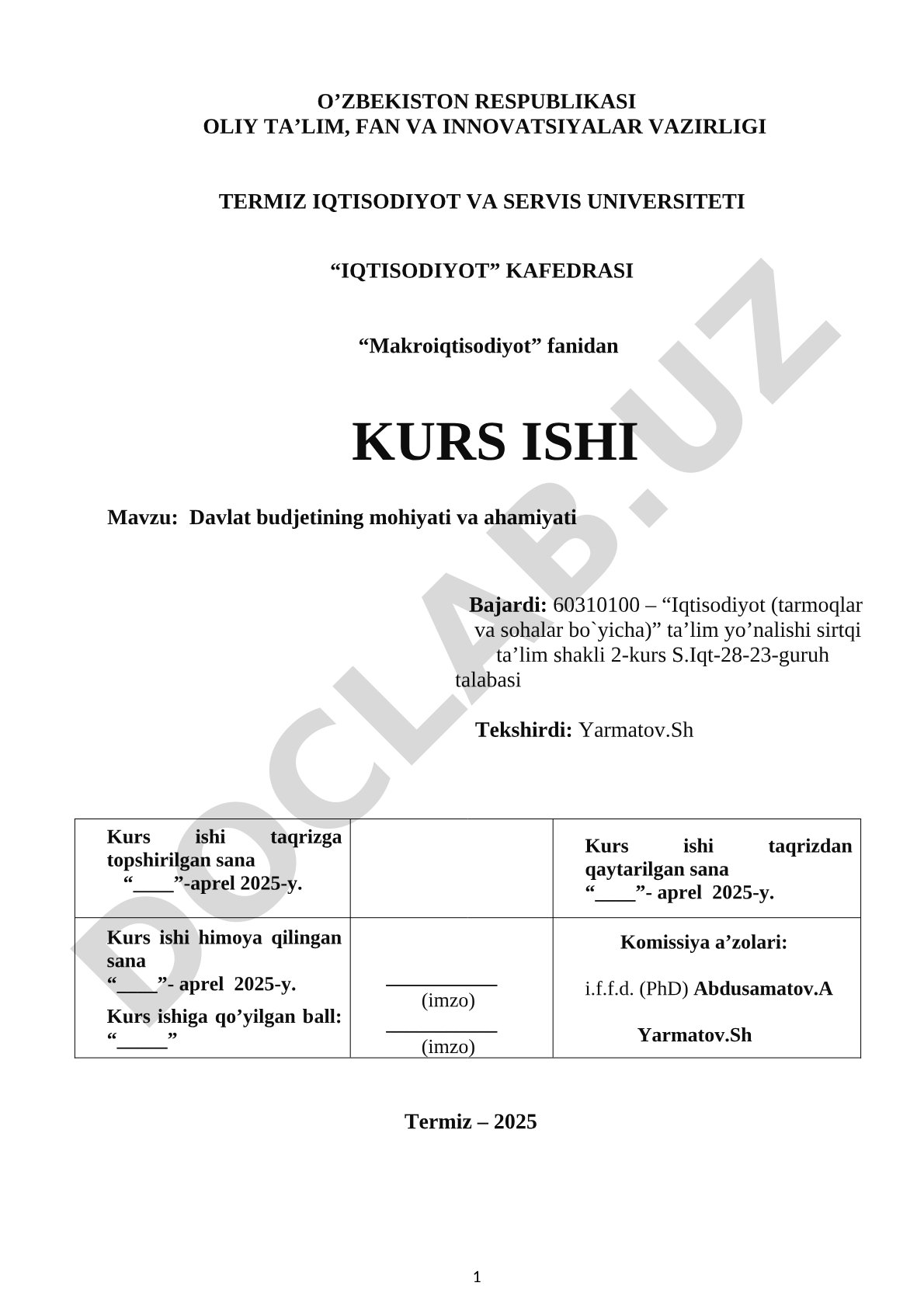 Makroiqtisodiyot kurs ishi