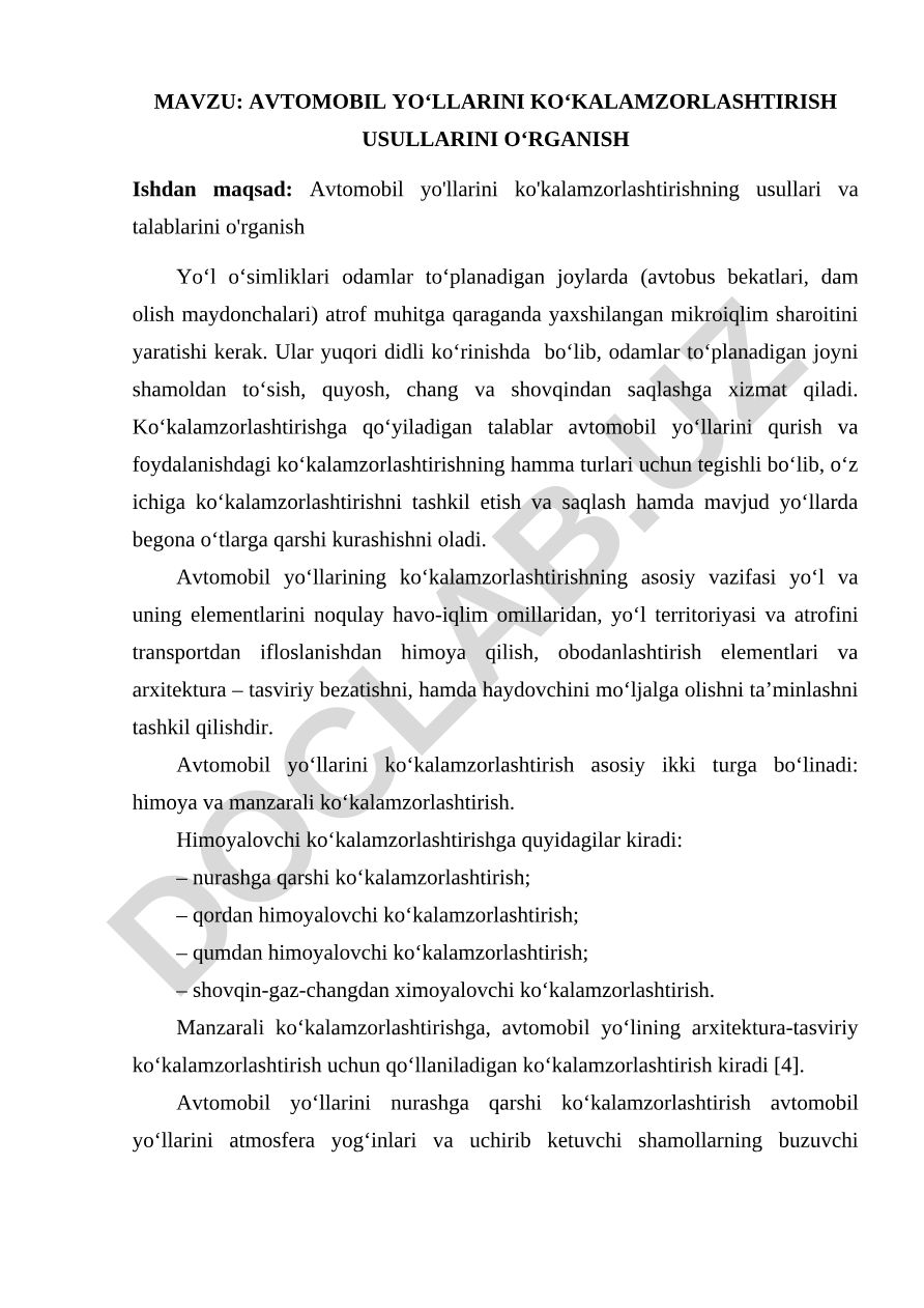 Avtomobil yo‘llarini ko‘kalamzorlashtirish usullarini o‘rganish