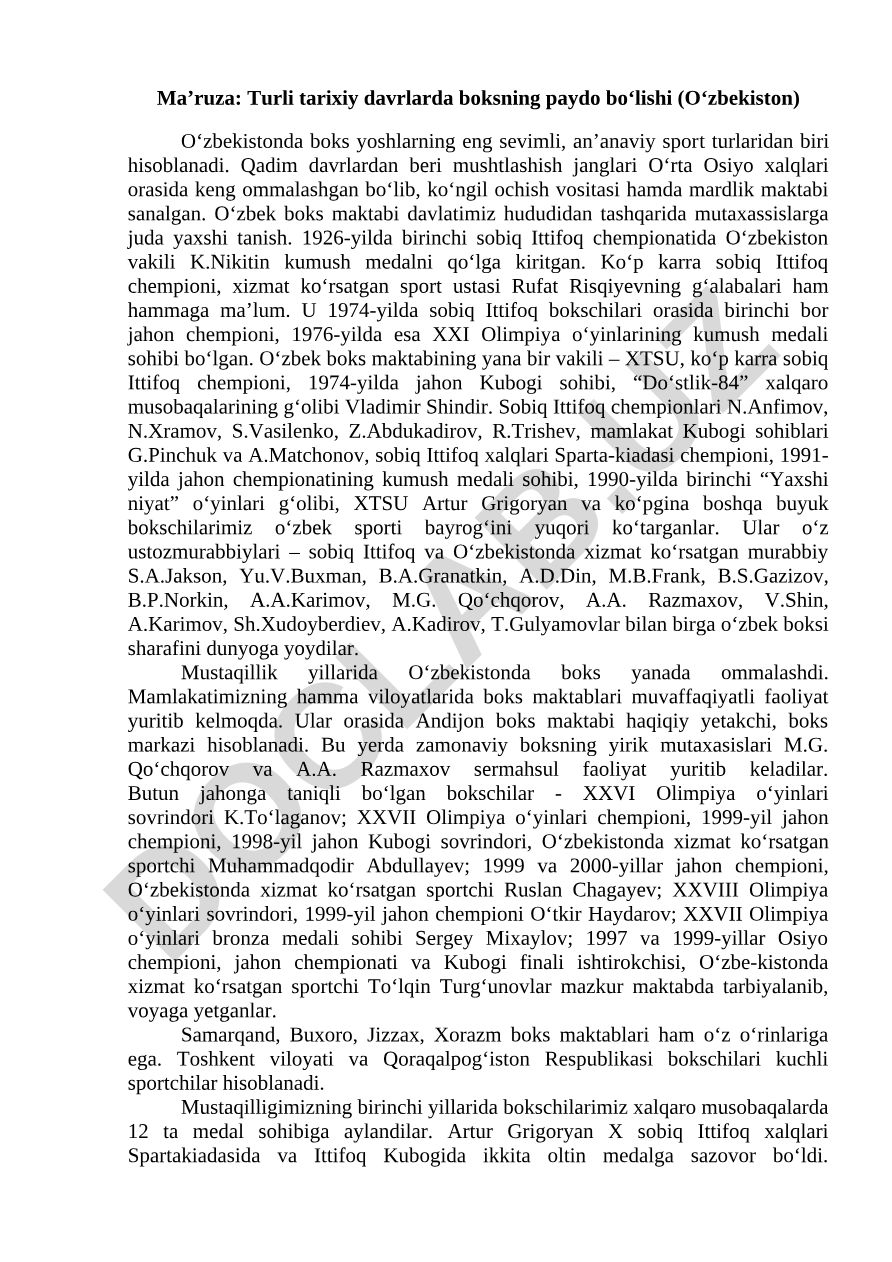Turli tarixiy davrlarda boksning paydo bo‘lishi (O‘zbekiston)