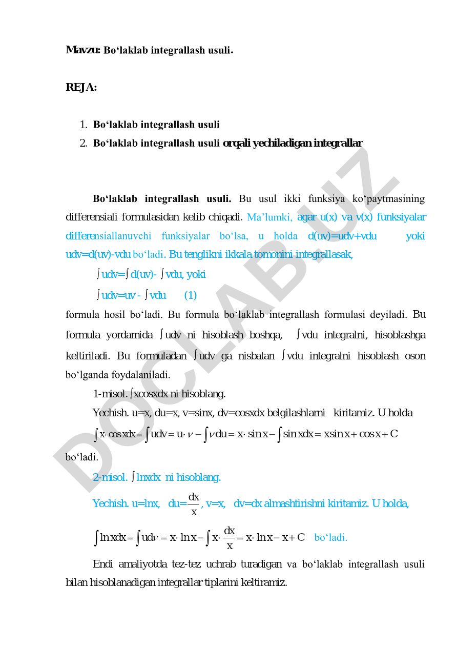 Bo‘laklab integrallash usuli
