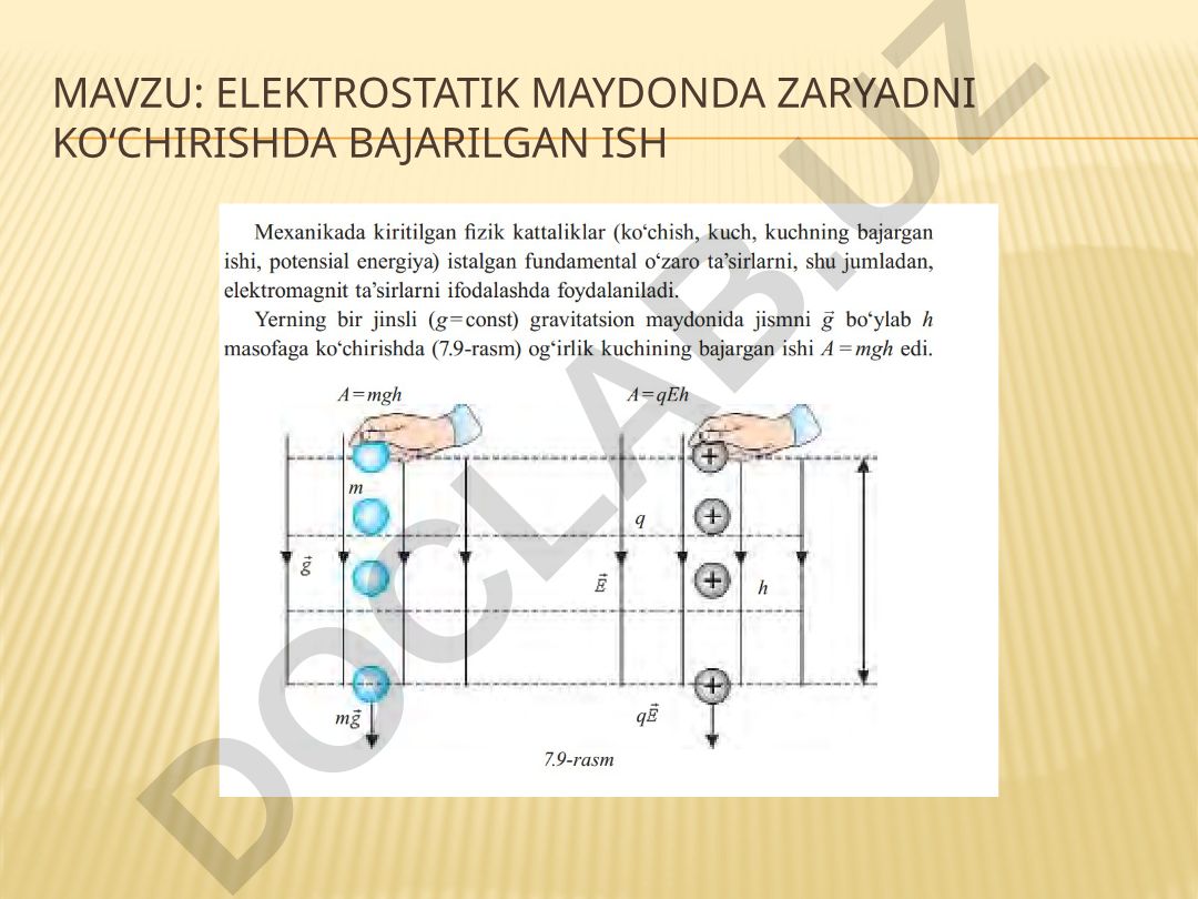 ELEKTROSTATIK MAYDONDA ZARYADNI KO‘CHIRISHDA BAJARILGAN ISH