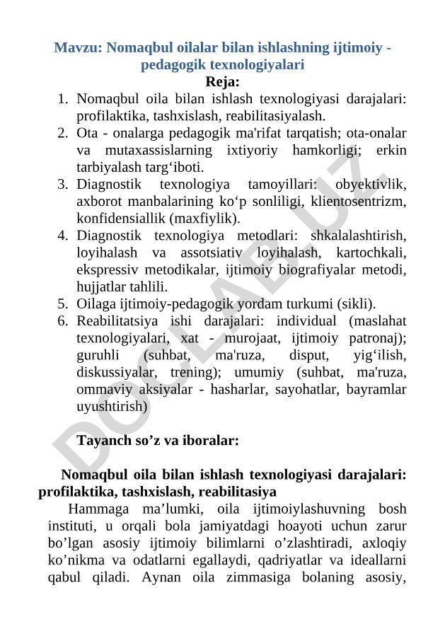 Nomaqbul oilalar bilan ishlashning ijtimoiy - pedagogik texnologiyalari