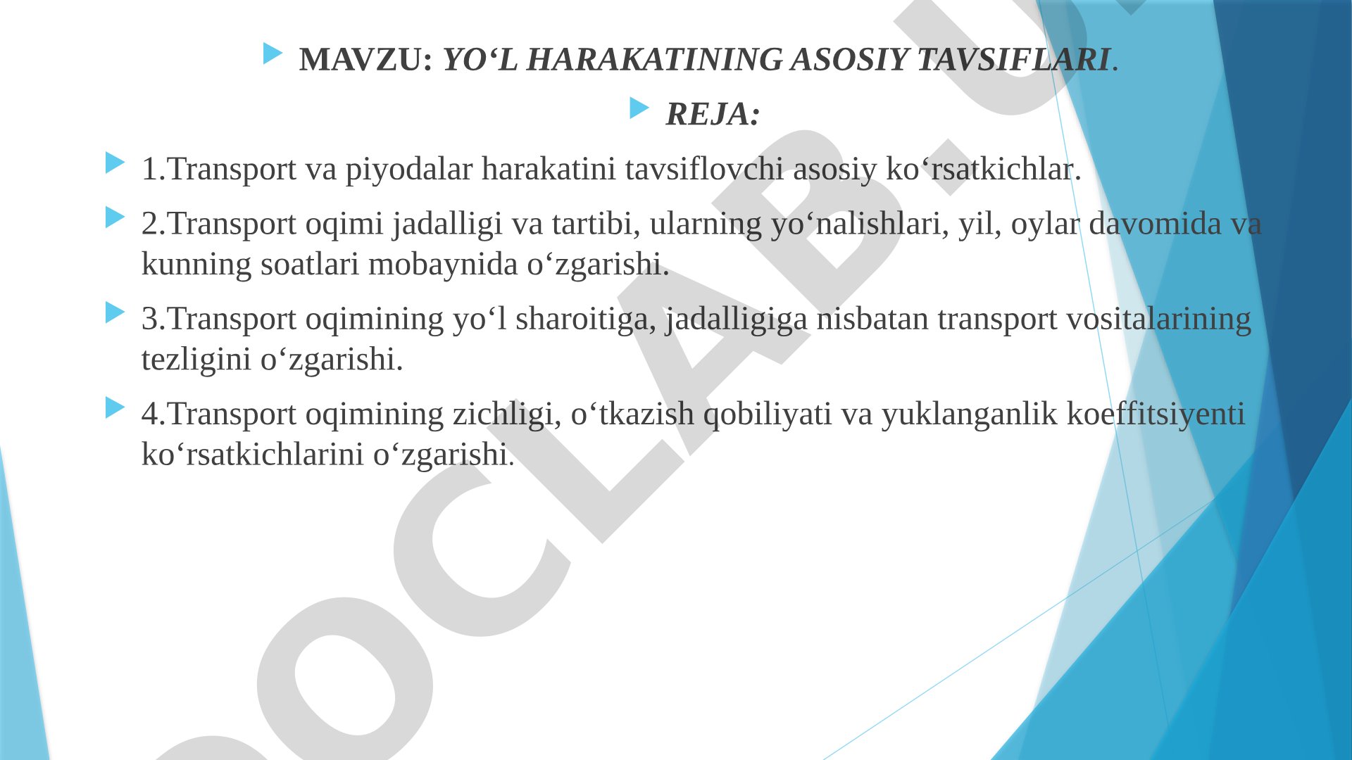 Yo'l harakati tavsiflari taqdimoti