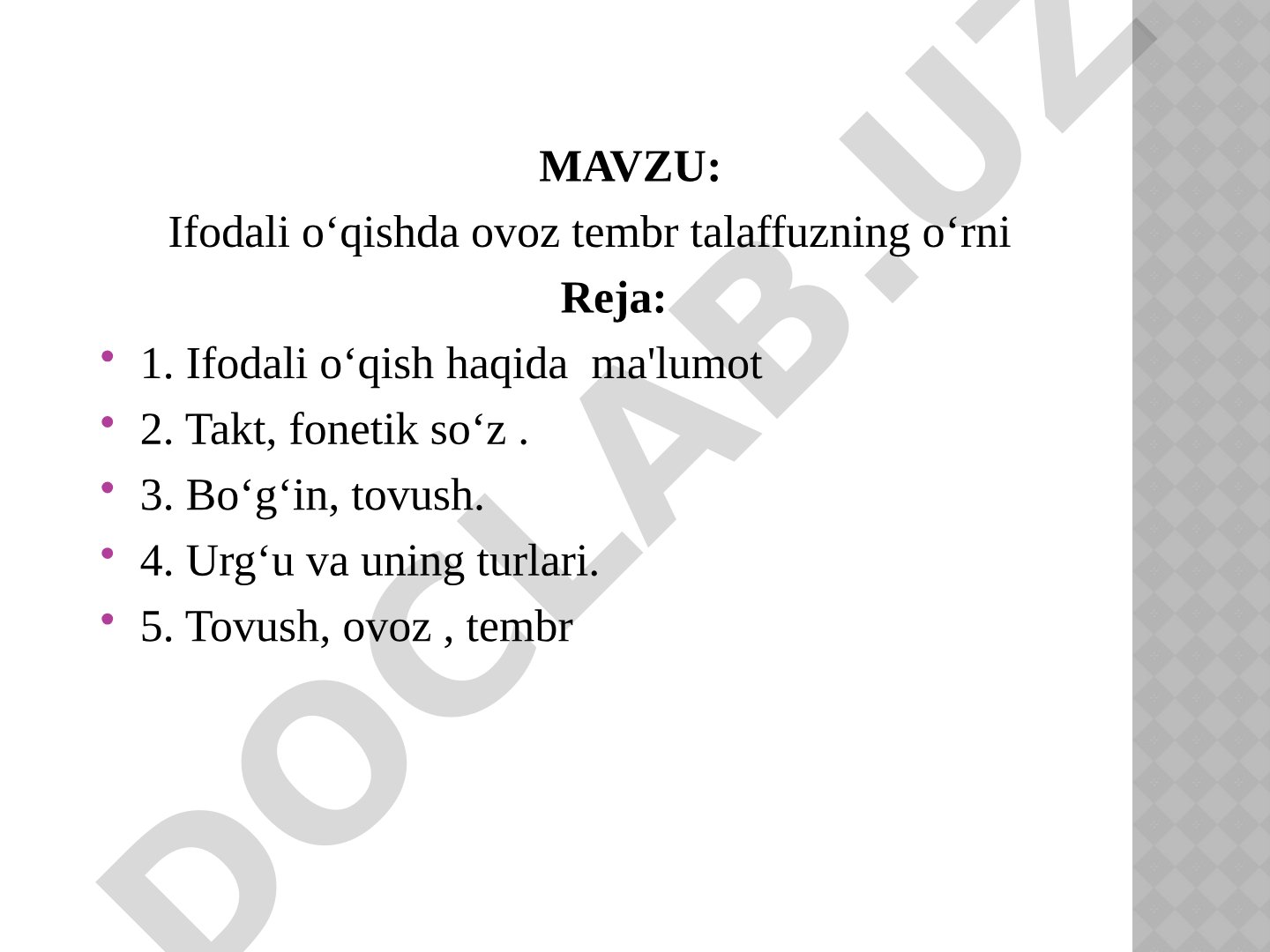 Ifodali o‘qishda ovoz tembr talaffuzning o‘rni