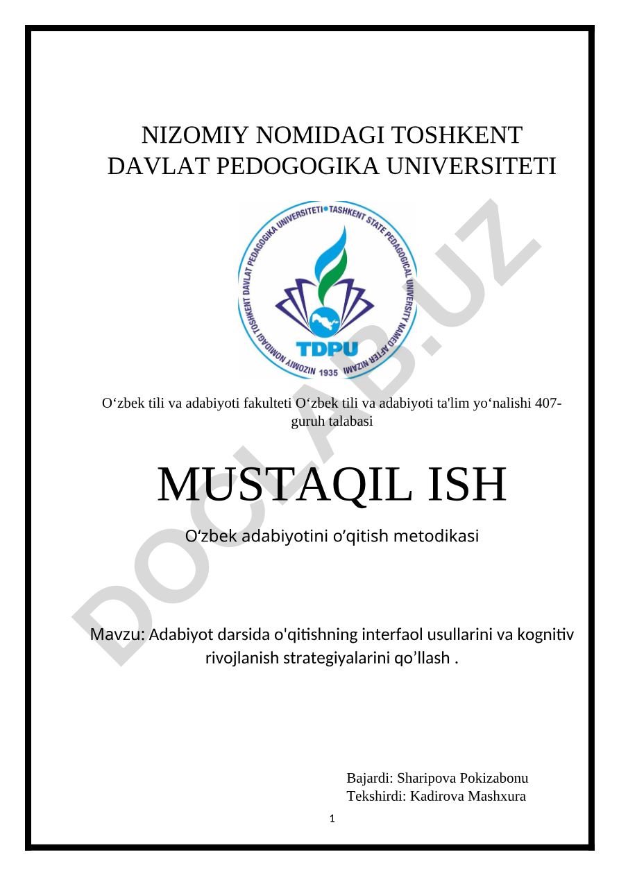 Adabiyot darsida o'qitishning interfaol usullarini va kognitiv rivojlanish strategiyalarini qo'llash