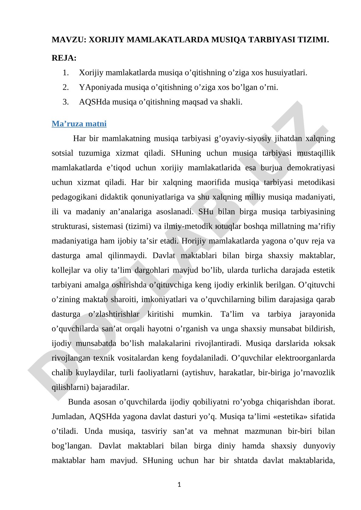 Xorijiy mamlakatlarda musiqa tarbiyasi tizimi