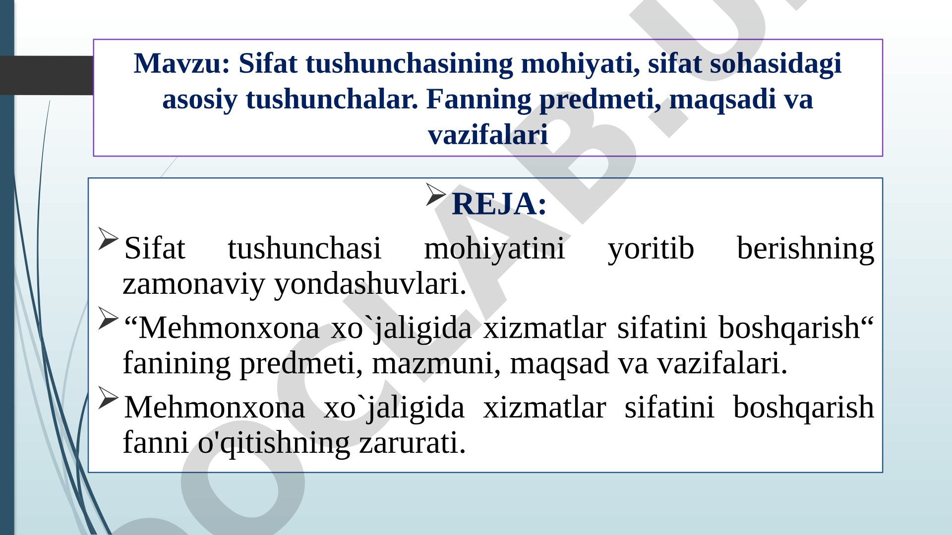 Mehmonxona xizmatlari sifatini boshqarish taqdimoti