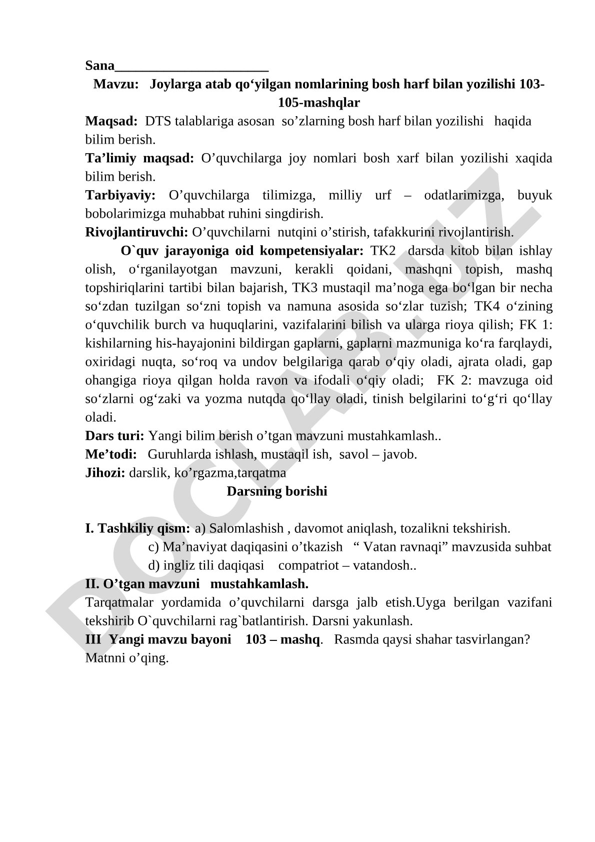 Dars ishlanmasi mavzusi