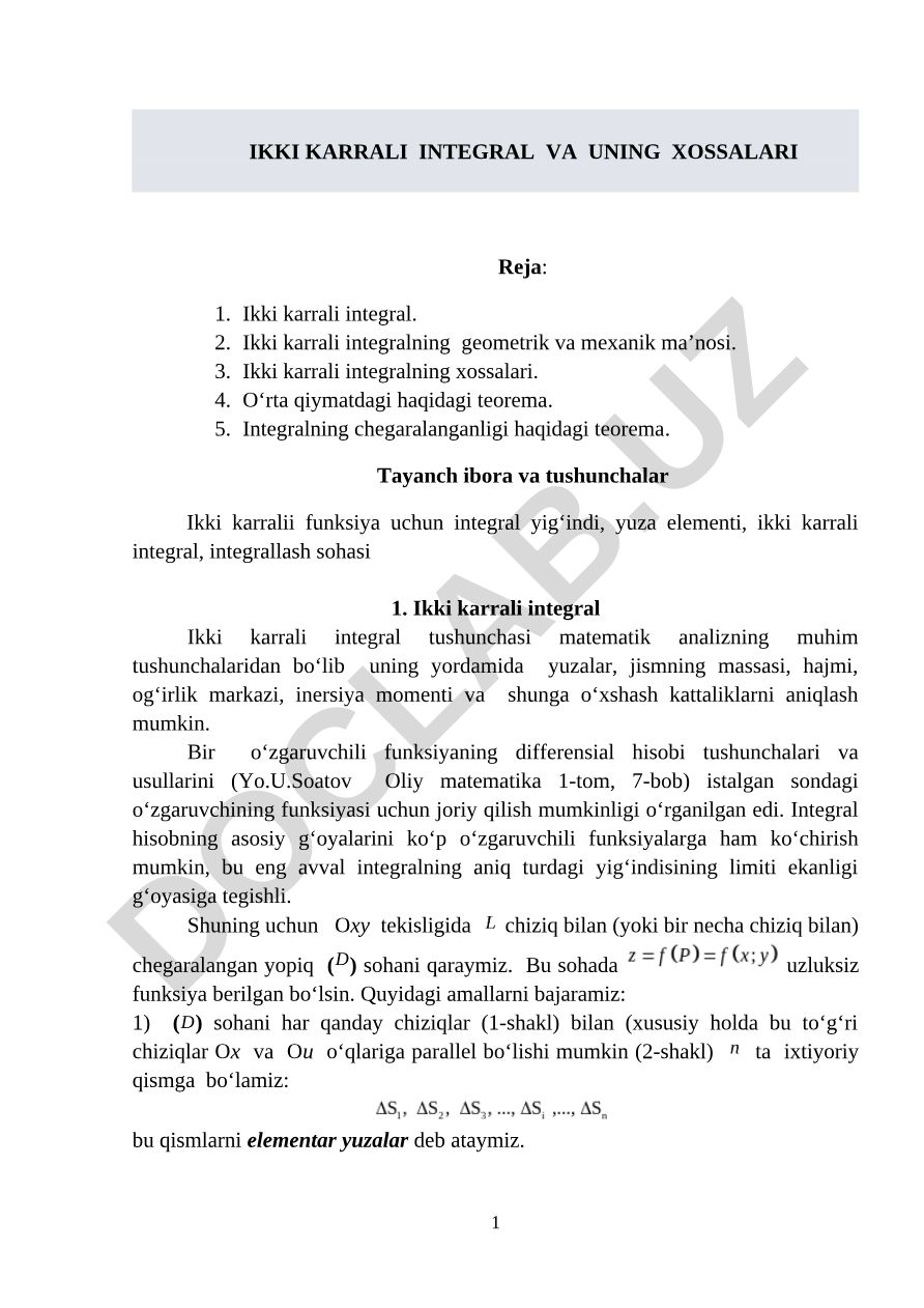 Ikki karrali integral va uning xossalari