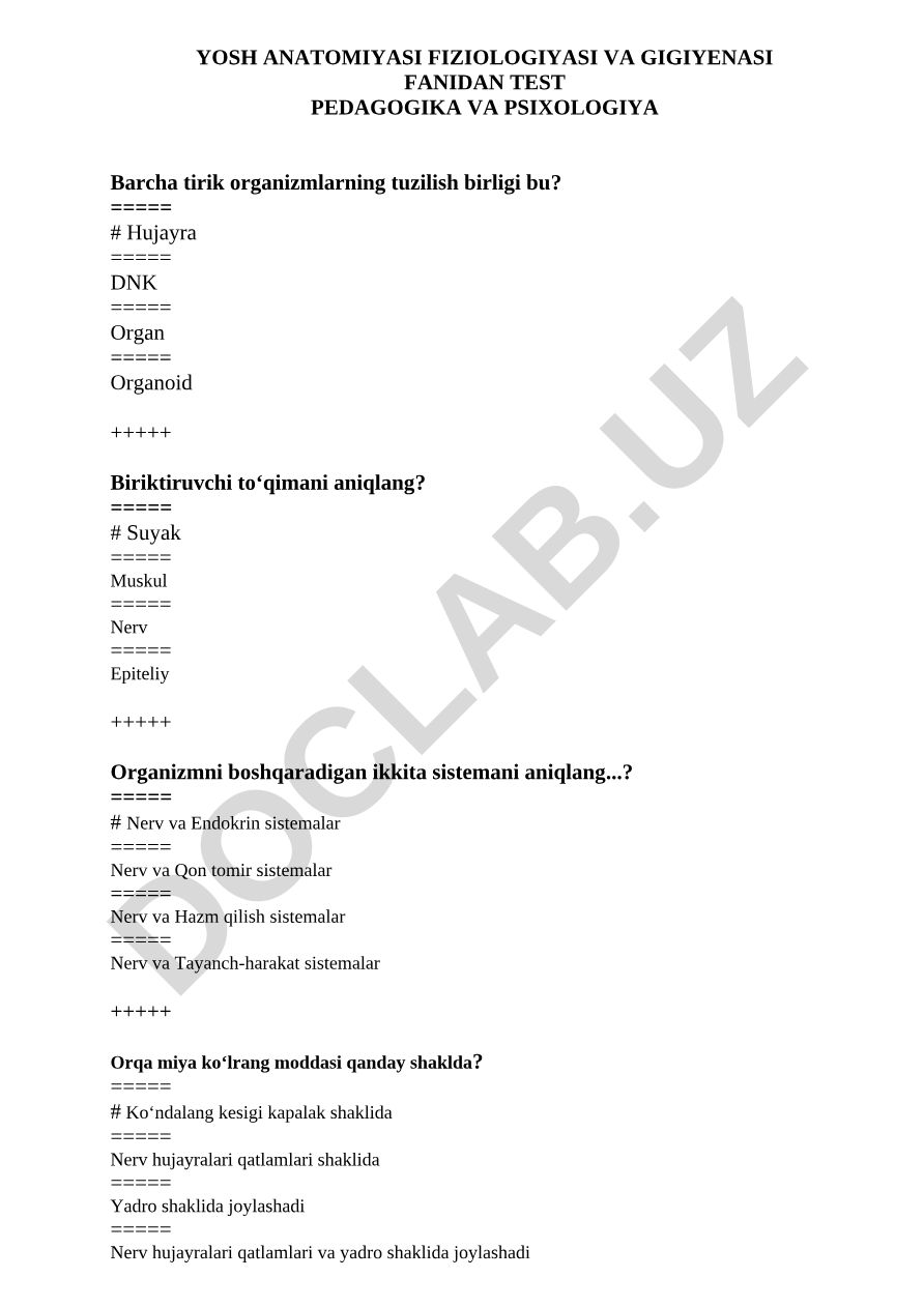Yosh anatomiyasi fiziologiyasi va gigiyenasi fanidan test