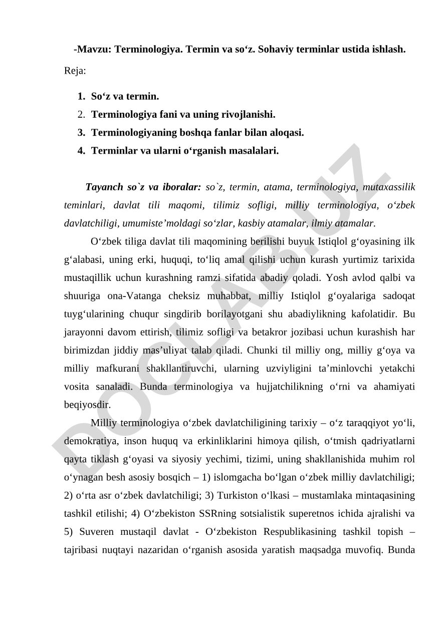 Terminologiya. Termin va so‘z. Sohaviy terminlar ustida ishlash