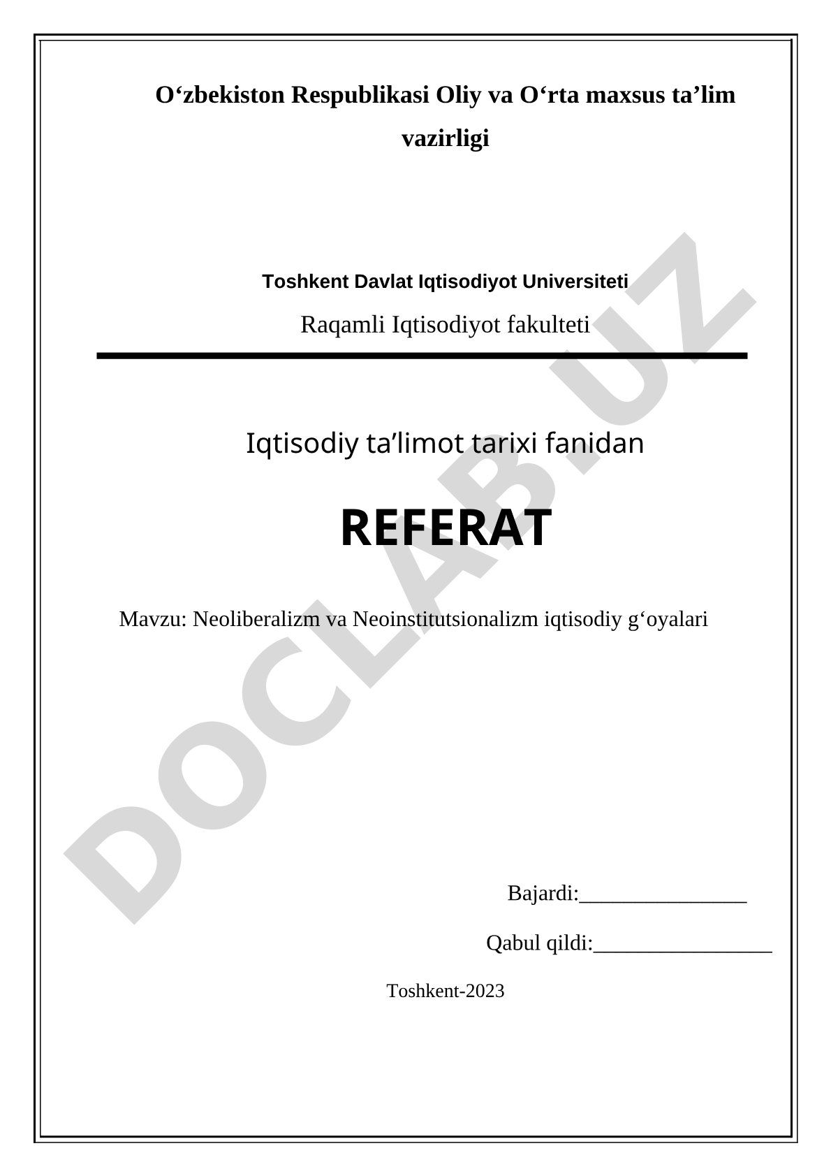 Iqtisodiy ta'limot tarixi fanidan referat