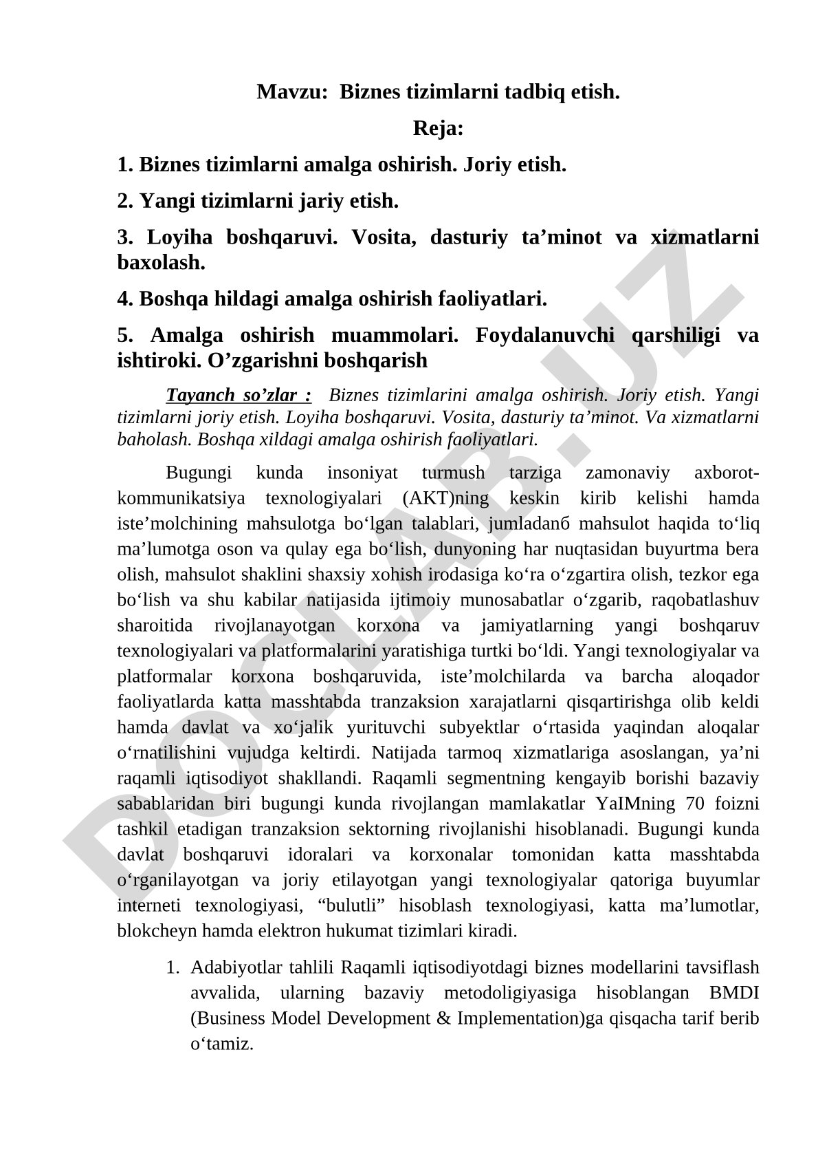 Biznes tizimlarni amalga oshirish rejasi