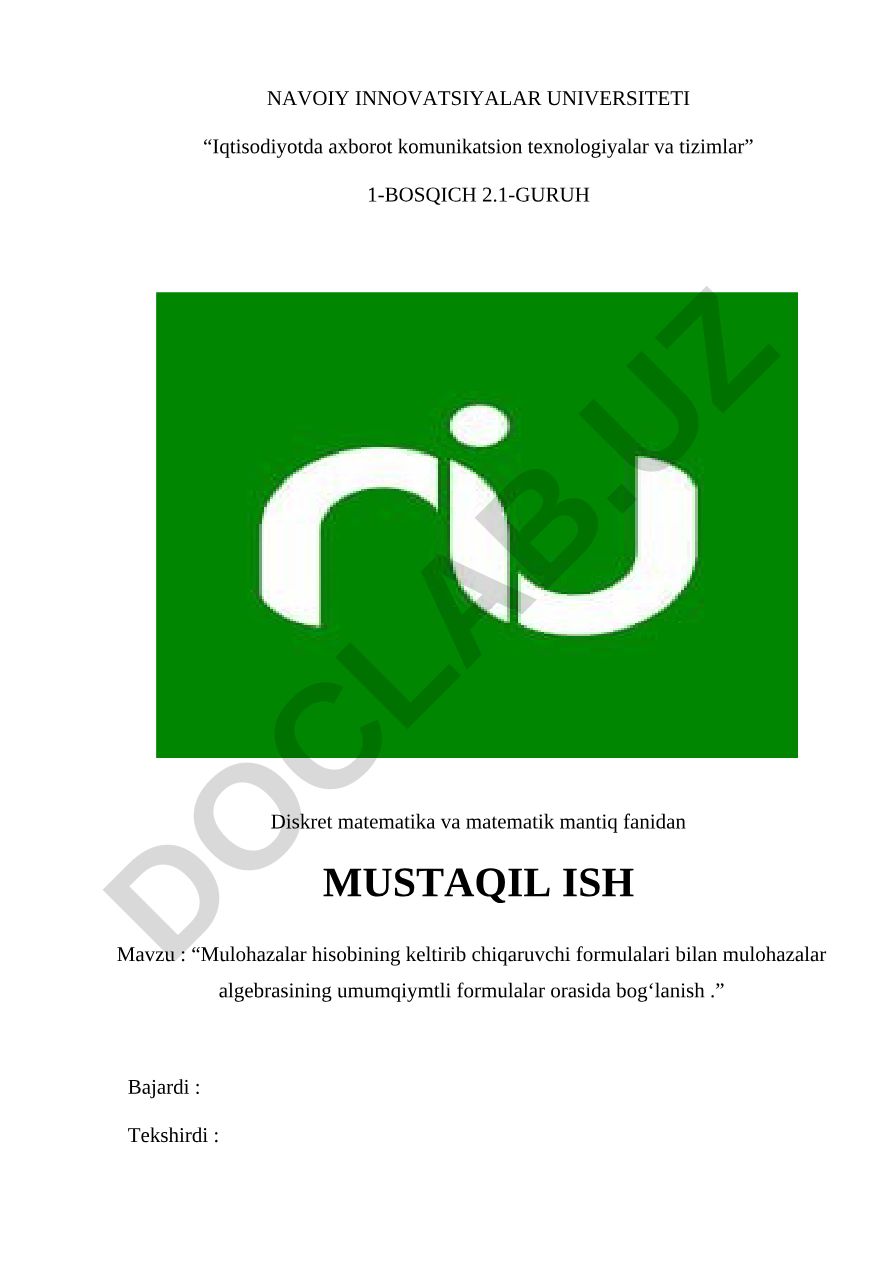 Mulohazalar hisobining keltirib chiqaruvchi formulalari bilan mulohazalar algebrasining umumqiymtli formulalar orasida bog‘lanish