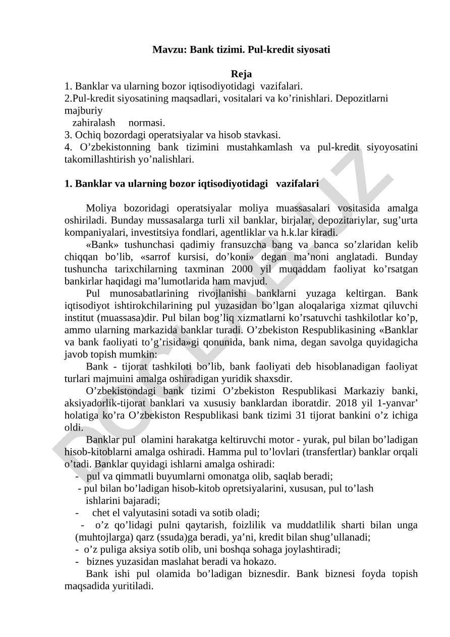 Bank tizimi. Pul-kredit siyosati
