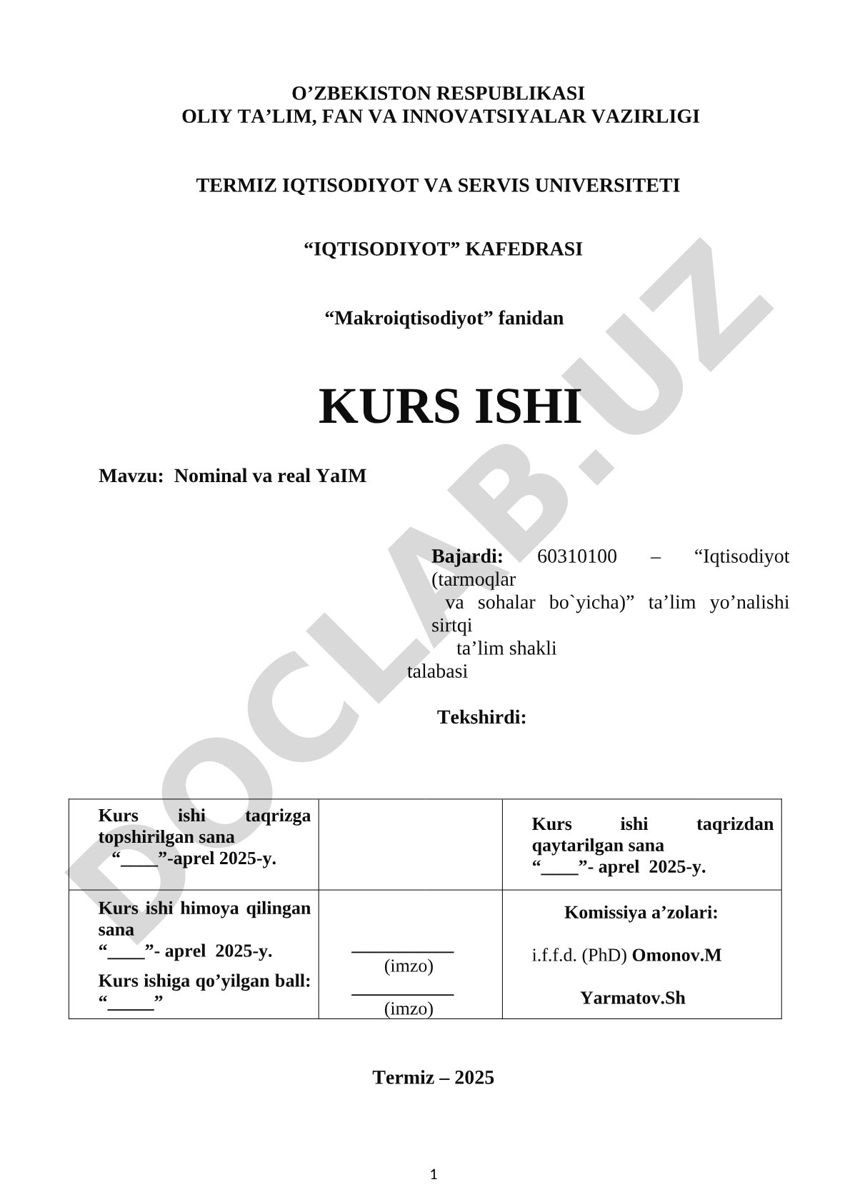 Makroiqtisodiyot kurs ishi