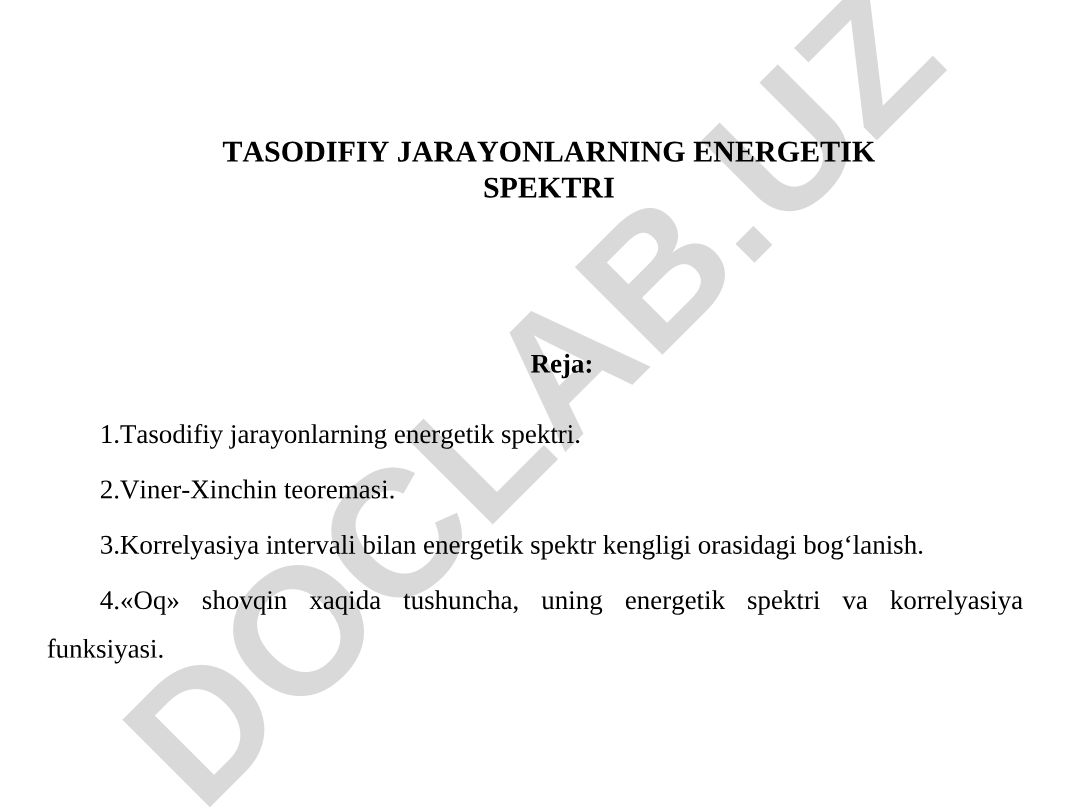 Tasodifiy jarayonlarning energetik spektri va Viner-Xinchin teoremasi