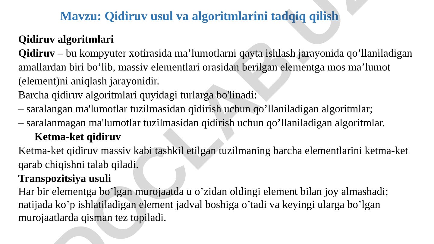 Qidiruv usul va algoritmlarini tadqiq qilish