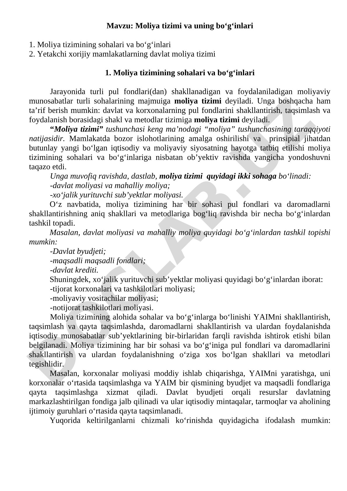 Moliya tizimi kurs ishi