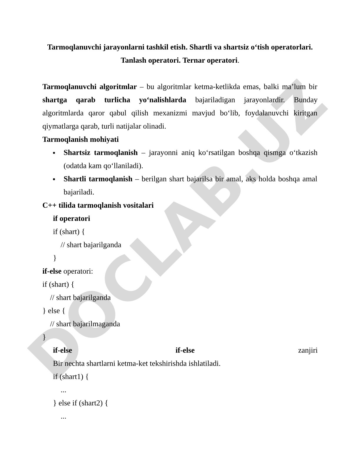 Tarmoqlanuvchi jarayonlarni tashkil etish