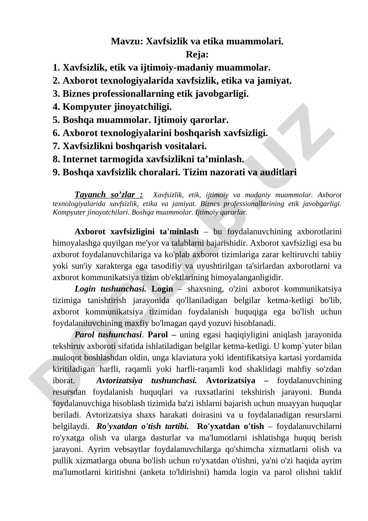 Xavfsizlik va etika muammolari rejasi