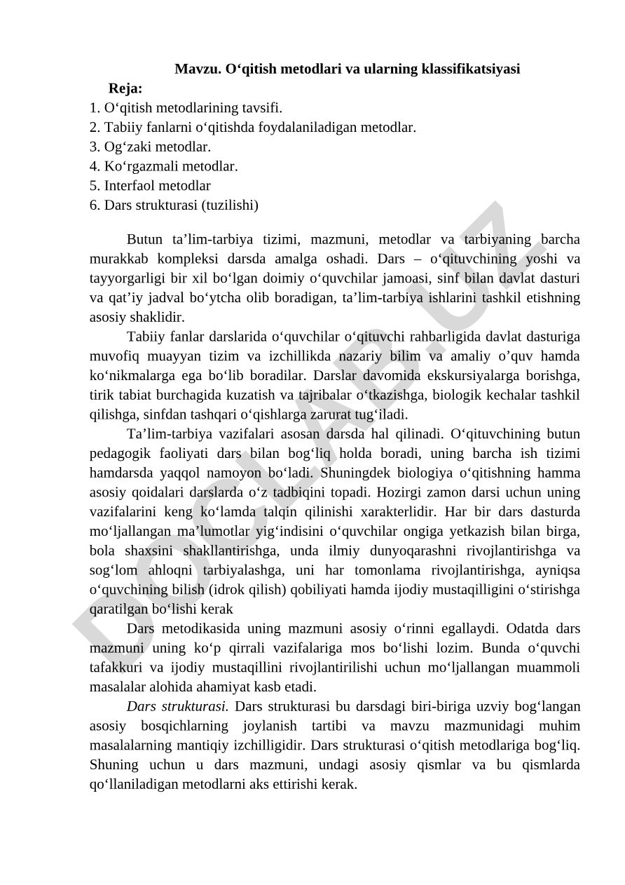 O‘qitish metodlari va ularning klassifikatsiyasi