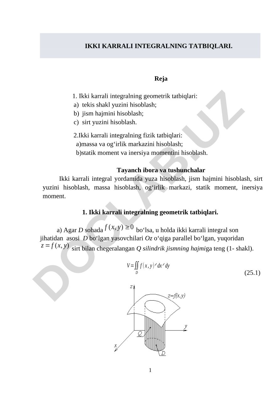 Ikki karrali integralning geometrik va fizik tatbiqlari