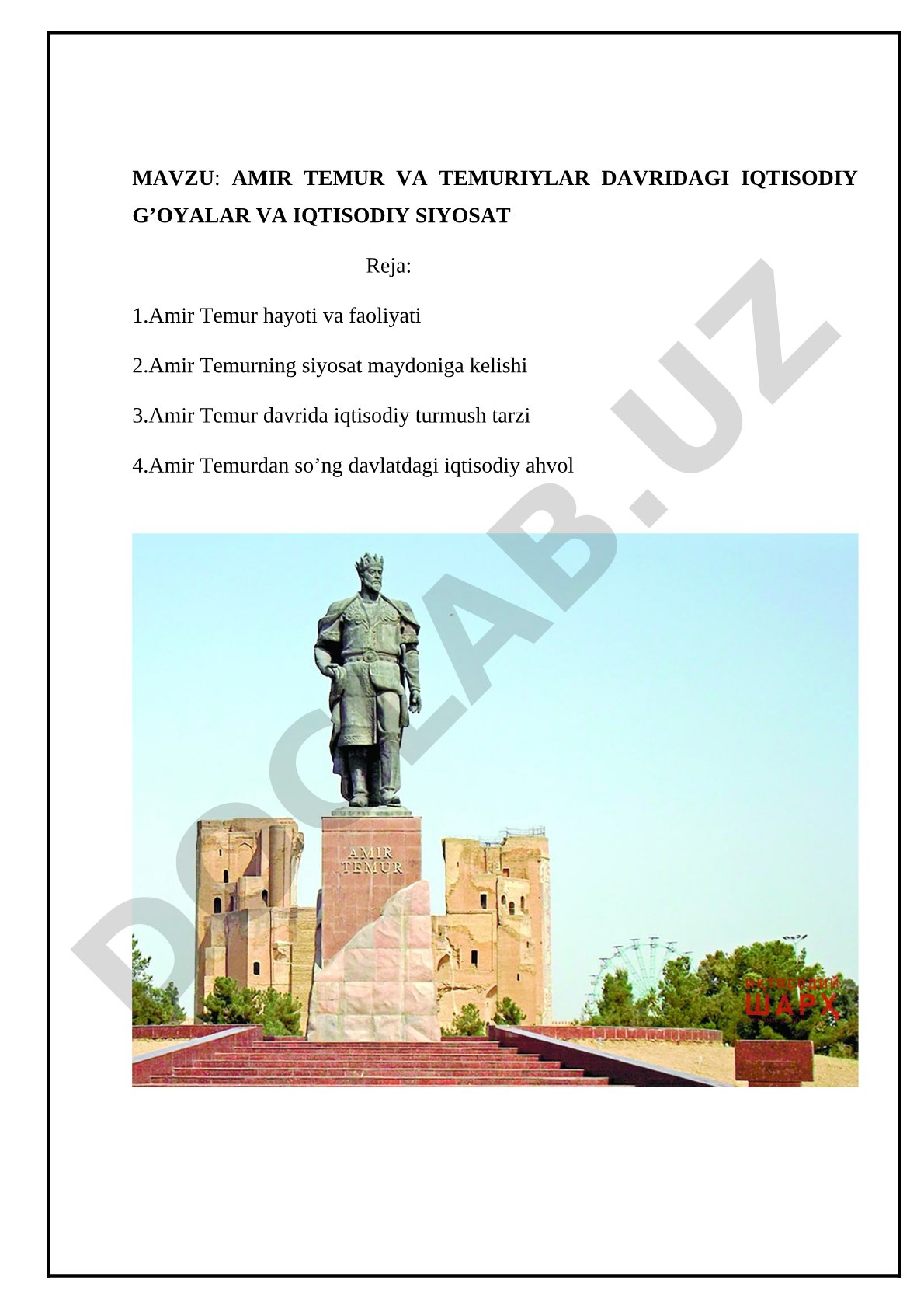 Amir Temur iqtisodiy siyosati kurs ishi