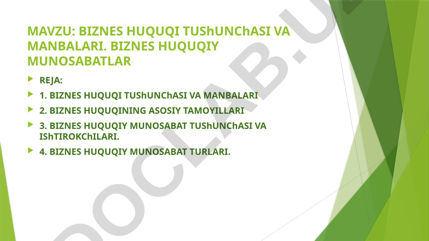 Biznes huquqi tushunchasi va manbalari. Biznes huquqiy munosabatlar