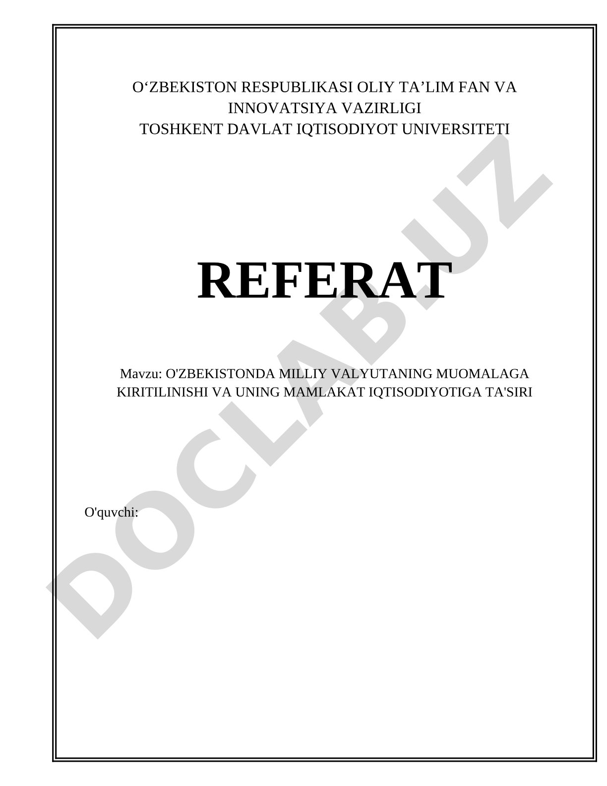 Milliy valyuta referati