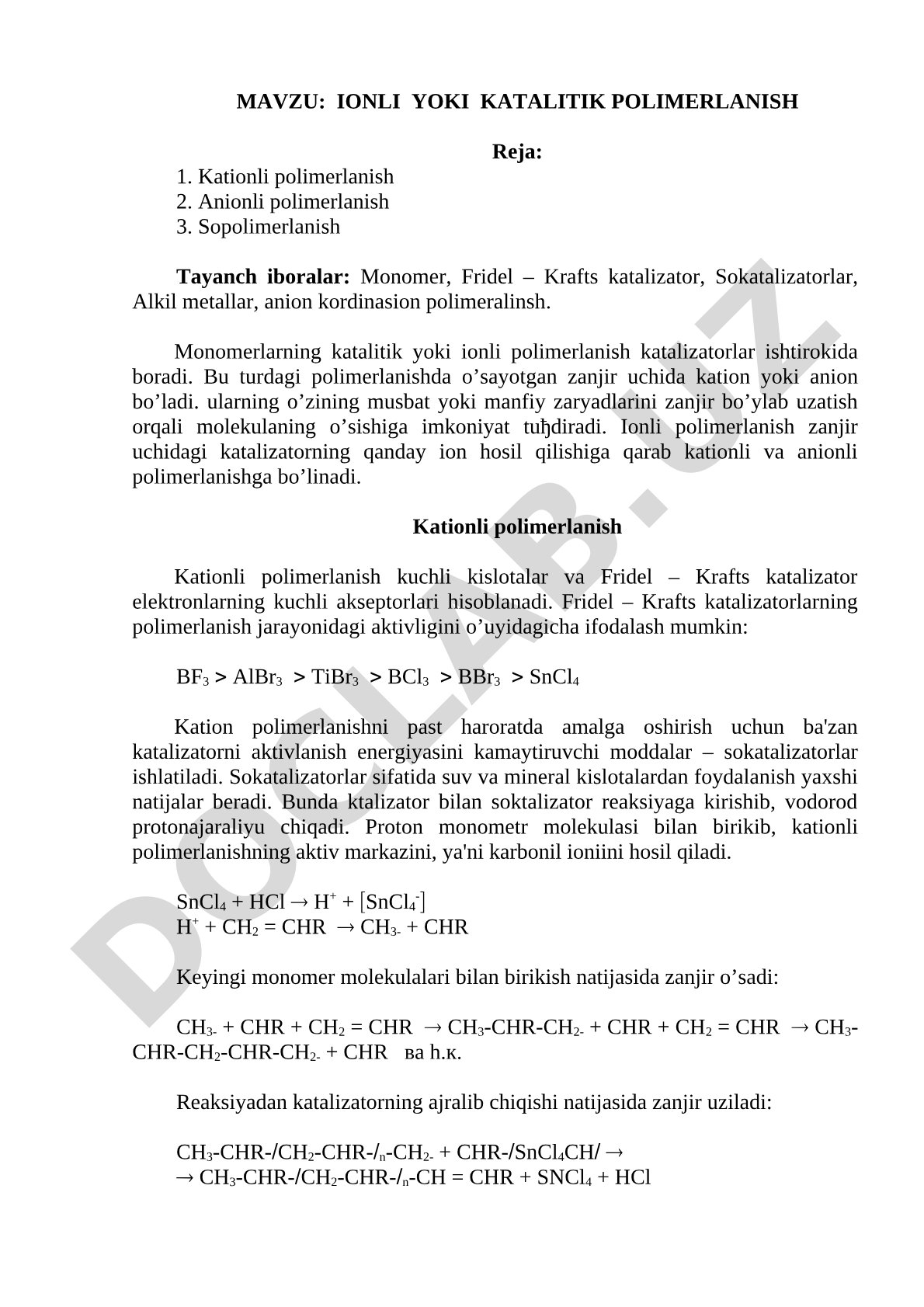 IONLI YOKI KATALITIK POLIMERLANISH