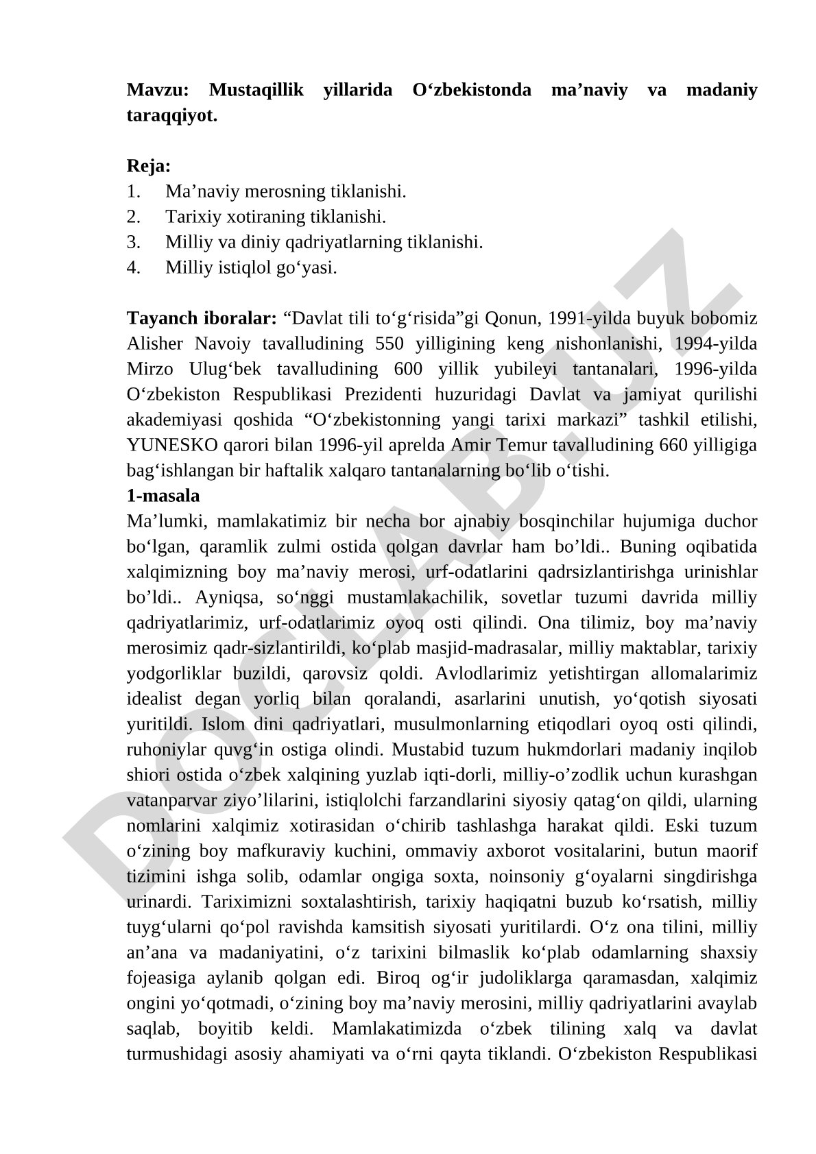 Mustaqillik yillarida O‘zbekistonda ma’naviy va madaniy taraqqiyot