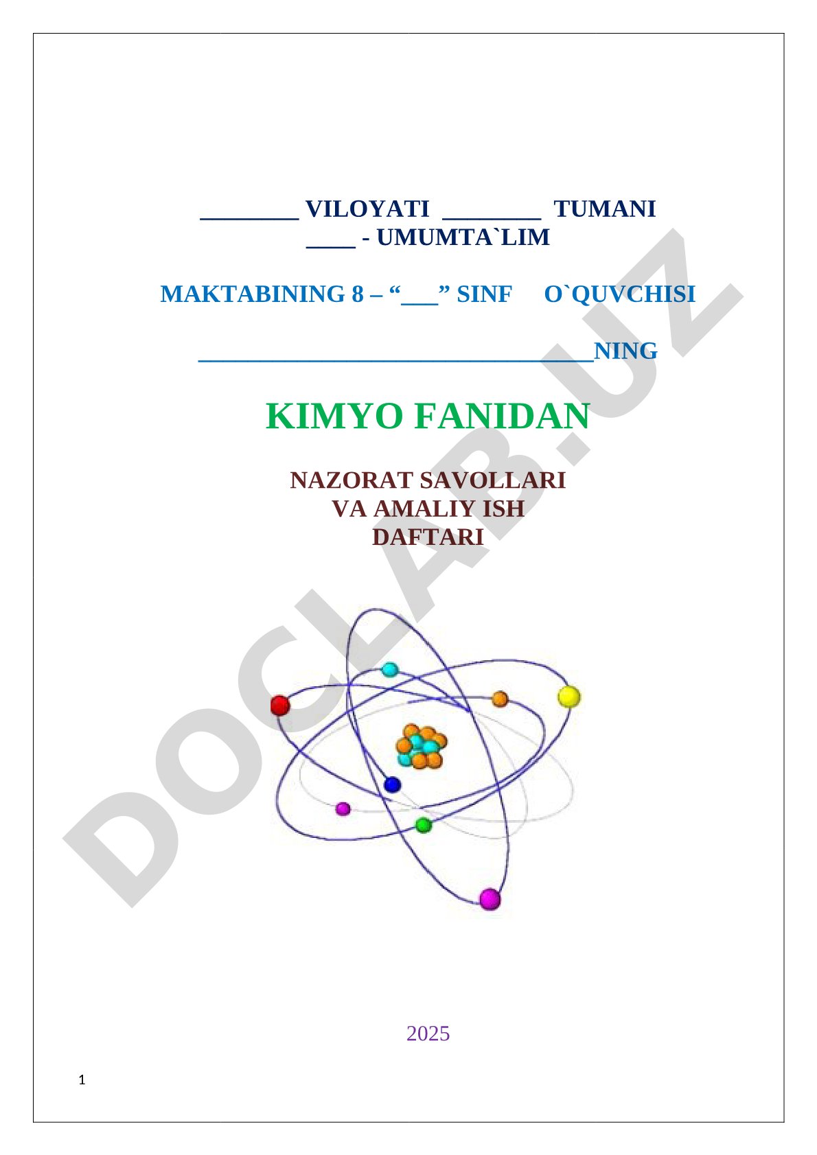 Kimyo fanidan nazorat ishi